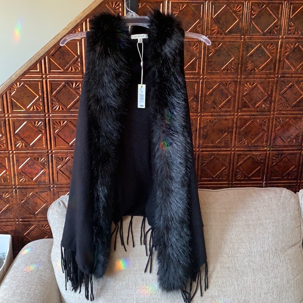 Max Studio Black Faux Fur & Fringe Vest